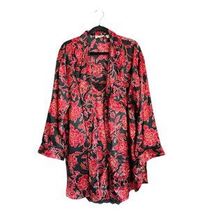 Vintage Victorias Secret Red Black Floral Satin Robe & Chemise Set Large 80s